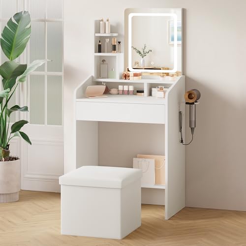 24-Inch White Makeup Vanity Set with Lighted Mirror & Storage Stool