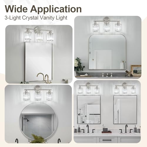 Kvhiiw Modern Brushed Nickel Crystal Bathroom Light Fixture - 3-Light, Up/Down Mounting