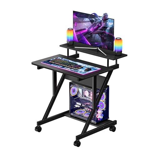 Dripex Small Computer Desk Black - 3 Tier Space Saving Desk with Monitor Shelf