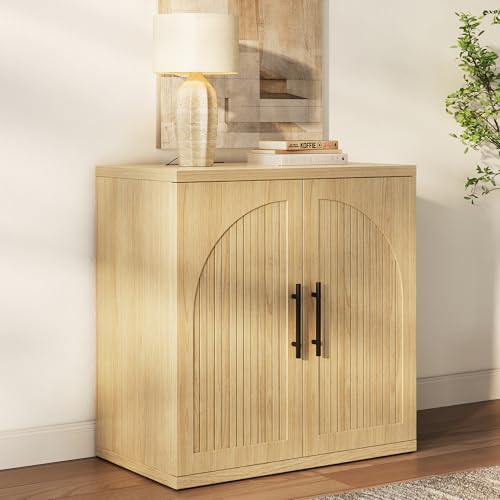 Oak Fluted Buffet Cabinet with Adjustable Shelves - 31.5" Modern Sideboard Credenza