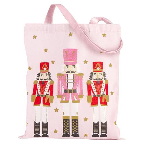 Loveinside Pink Nutcracker Christmas Canvas Tote Bag Reusable Holiday Shopping Bag