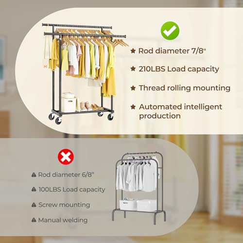 HYSEYY Double Rod Clothes Rack with Wheels, Black, 16.5"D x 44.3"W x 63"H, Portable Garment & Wardrobe Storage
