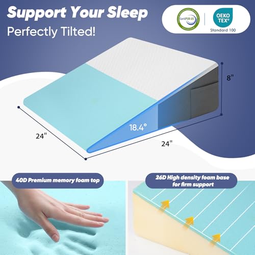 24x24x8 Inch Bed Wedge Pillow for Sleeping & Resting, Memory Foam Support, Cooling Cover