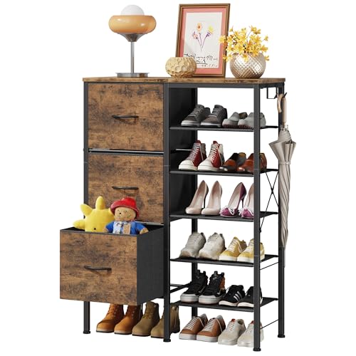 6-Tier Shoe Rack Organizer with 3 Fabric Drawers and Hooks - Entryway & Closet Storage