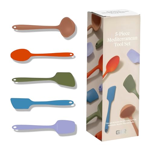 Silicone Kitchen Utensils Set - 5-Piece Mediterranean Cooking Tools - Heat-Resistant & Dishwasher Safe