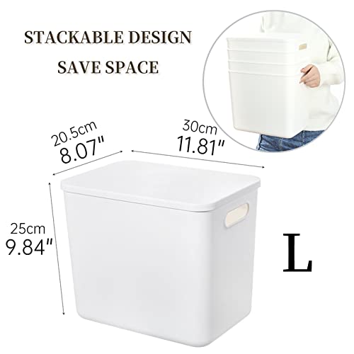 4L Plastic Storage Baskets with Lids - White Organizing Containers for Shelves, Drawers, Playroom, Office - 4 Pack