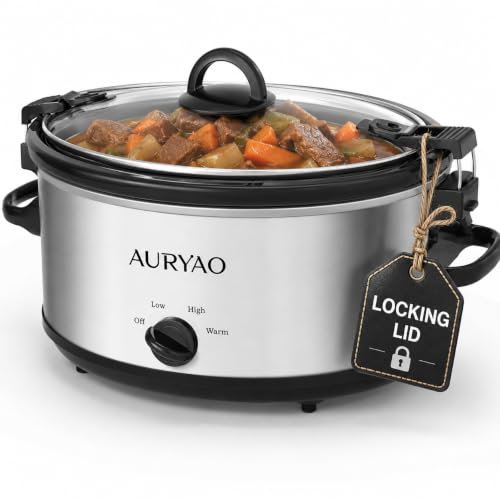 AURYAO Silver 6 Quart Slow Cooker with Locking Lid & Removable Stoneware