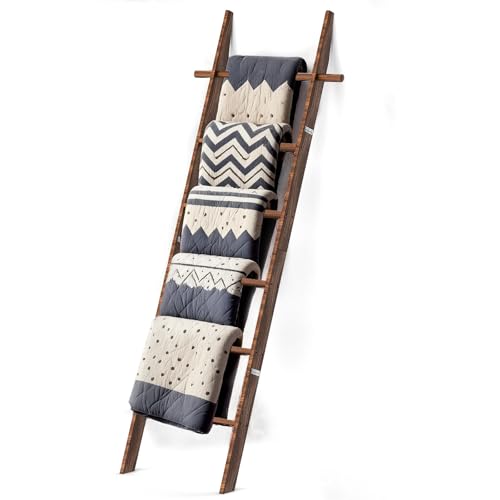 Dark Brown Farmhouse Wooden Blanket Ladder 6-Tier with Removable Hooks