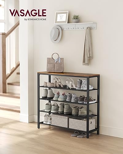 VASAGLE 5-Tier Shoe Rack Rustic Brown Mesh Shelves 16-20 Pairs, 11.8D x 39.4W