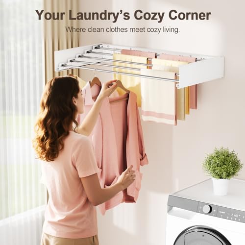 Wall Mounted Foldable Clothes Drying Rack White 32 Inch - Space Saving Laundry Storage with 5 Rods - Collapsible & Invisible Design