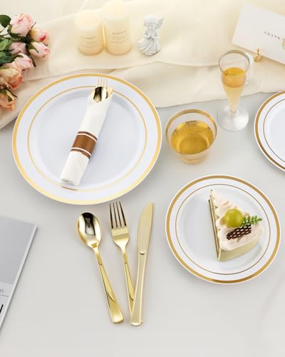 Gold Disposable Dinnerware Set for 70 Guests - 560 Pcs Fancy Plastic Plates & Glasses
