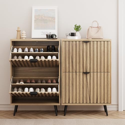 Shoe Cabinet with Flip Drawers - 23.6 Inch Natural Storage Closet with Fluted Doors - Freestanding Entryway Organizer - Variation: 23.6 in (60 cm) / Natural With Flip Drawer
