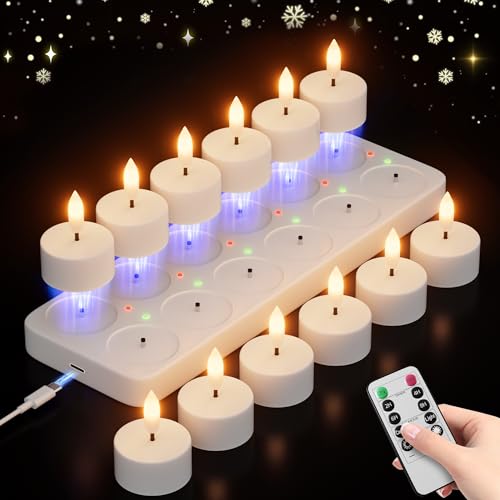 Rechargeable Flameless Tea Lights Candle Set with Charging Station & Remote - White 12Pcs