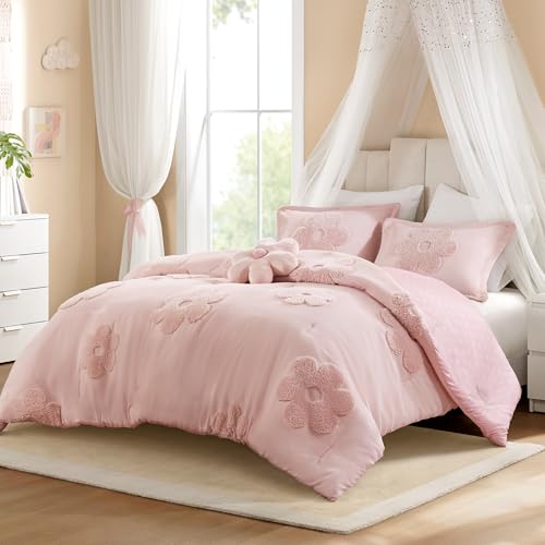 Kids Pink Floral Comforter Set - 4 Piece Queen Bedding with Polka Dot Reverse - Pink Variation