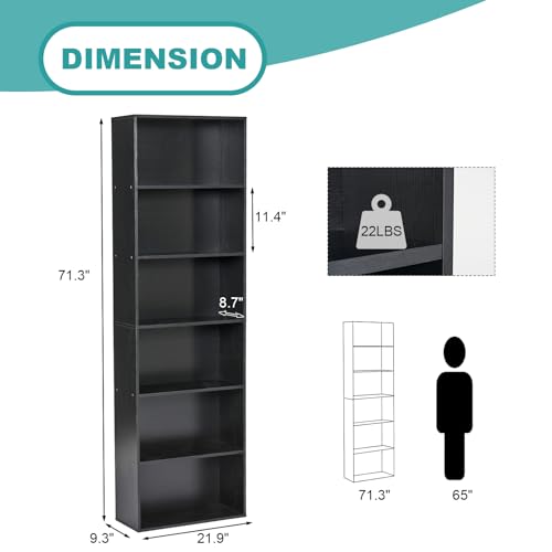 6-Tier Wooden Bookcase - Floor Standing Storage Shelf for Home & Office