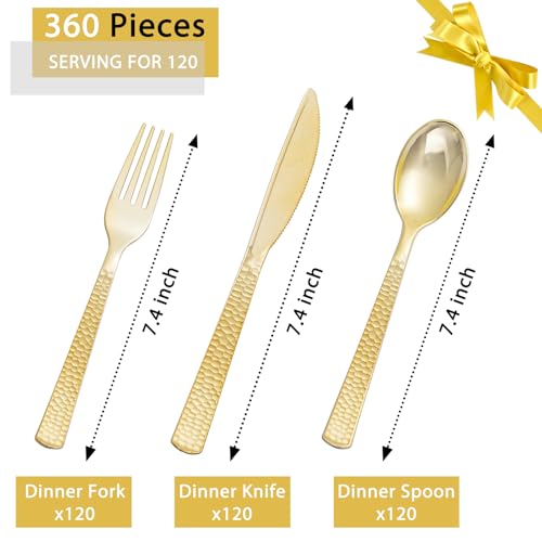360pcs Gold Plastic Silverware Set for Weddings & Parties - Includes 120 Forks, Spoons & Knives