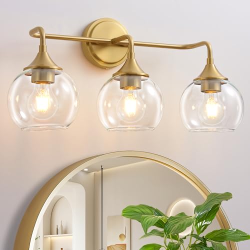 Gednbo Gold 3-Light Farmhouse Vanity Light Fixture 22 Inches - Dimmable Glass Globe Wall Sconce