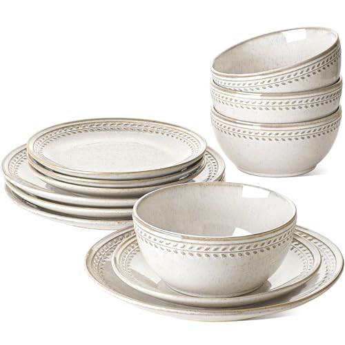 LE TAUCI 12-Piece Dinnerware Set for 4 - Ceramic Plates & Bowls, Chip-Resistant, Microwave & Dishwasher Safe, Beige Wheat, 4-Set