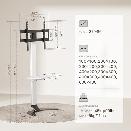 ECOTINY White Ultra-Slim Floor TV Stand for 37-86 Inch TVs - 51.5" Height, No-Drill & Anti-Tip Safety