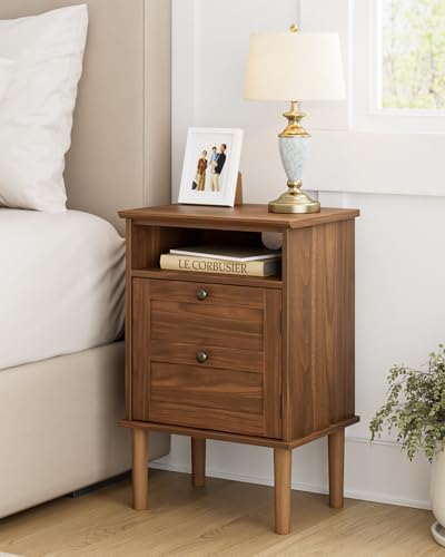 Walnut Nightstand with Drawer & Open Shelf - Modern Boho Bedside Table
