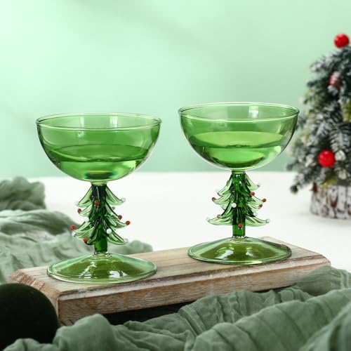 Sunnychicc 2 Pcs Green Christmas Tree Stemmed Wine Glasses 5.5oz – Tree Trunk Stemware