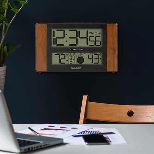 La Crosse Technology Atomic Digital Clock 6.61 x 11.1 inches Cherry Finish with Wireless Temperature Sensor - Brown/Black Variation