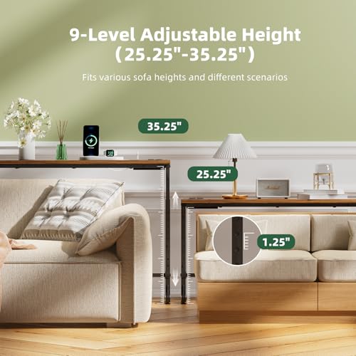 Simple Trending 78.75-Inch Narrow Console Table with Outlets, Adjustable Height Rustic Brown Sofa Side Table