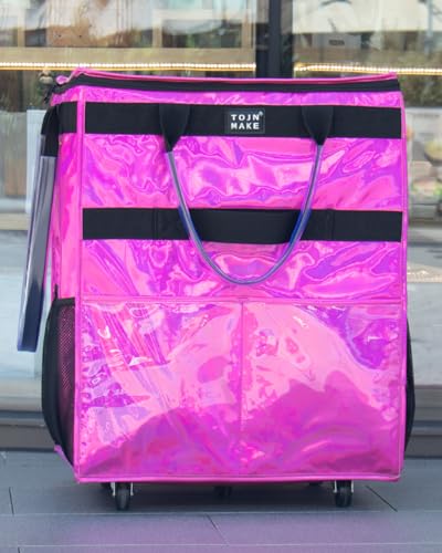 Large Glitter Pink Reusable Grocery Bag with Wheels - Foldable Rolling Tote