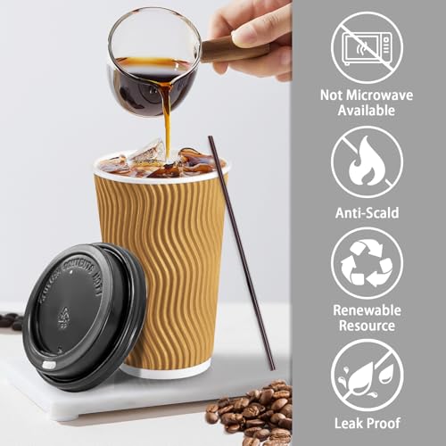 Champagne 16 oz Coffee Cups with Lids & Straws - Disposable Paper Set, 50 Pack
