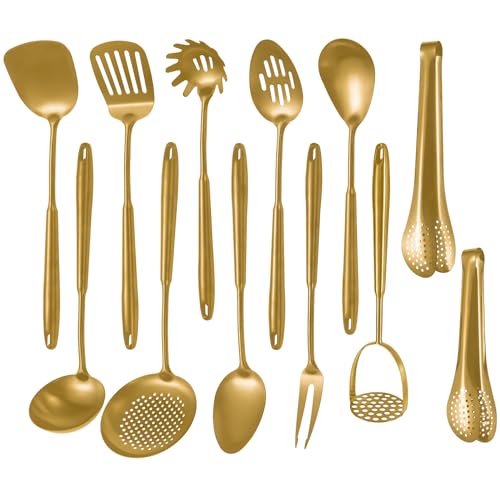 12-Piece Stainless Steel Kitchen Utensil Set with Gold Finish - Dishwasher Safe