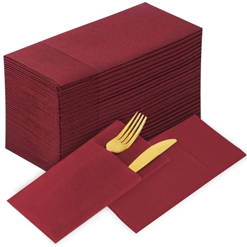KAMMAK Burgundy Red Disposable Cloth-Like Paper Dinner Napkins 16.5x16.5 Inch - 100 Pack with Pocket for Party Wedding Dining
