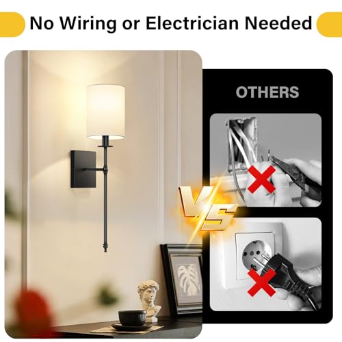 24.8 Inch Battery Operated Wall Sconces Set of 2 with Remote - Black & White