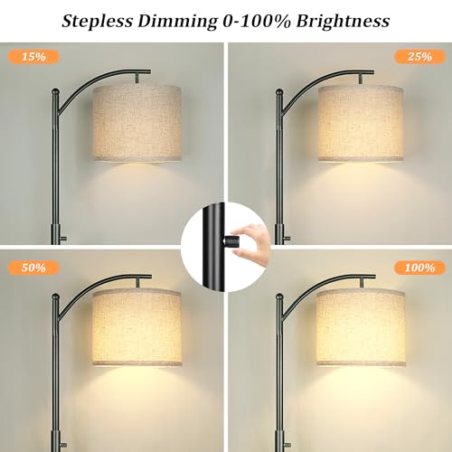 ROTTOGOON Black Dimmable Arc Floor Lamp - Modern Tall Standing Lamp with Linen Shade, 0-100% Stepless Dimming for Living Room & Bedroom