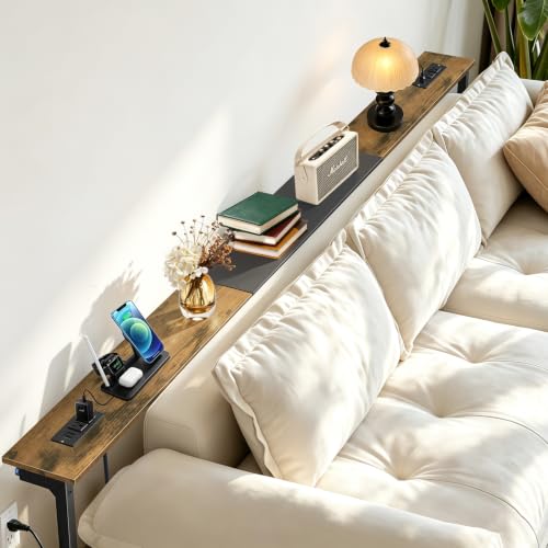 Adjustable Narrow Console Table Behind Couch with 2 Power Outlets, Rustic Brown