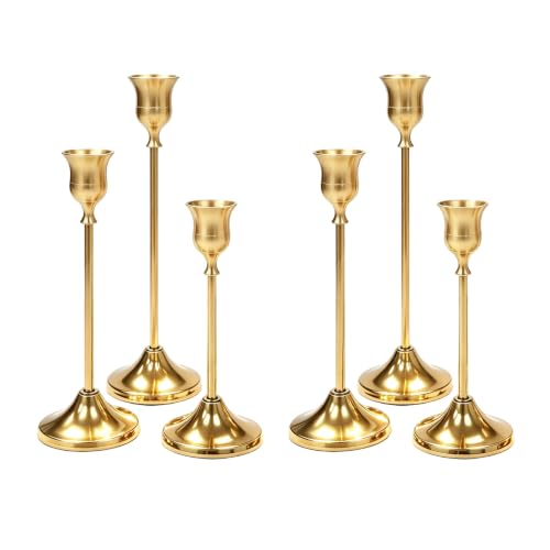 FrutPunch 6-Piece Brass Gold Taper Candle Holders Set (2x each of 6.3, 7.5, 8.8 in) – Vintage? Modern Wrought Metal
