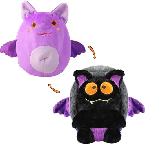 Reversible Bat Stuffed Animal, Soft Bat Plushies Pillow with Zipper, Cute Reversible Plushie Halloween Doll, 2-in-1 Christmas Birthday Gift Decorations for Boys Girls Kids