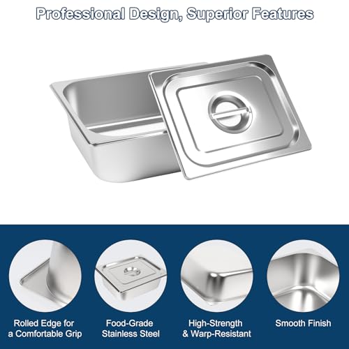 1/2 Size Stainless Steel Hotel Pans with Lids - 4 Pack, 4 Inch Deep, Commercial Food Storage & Catering