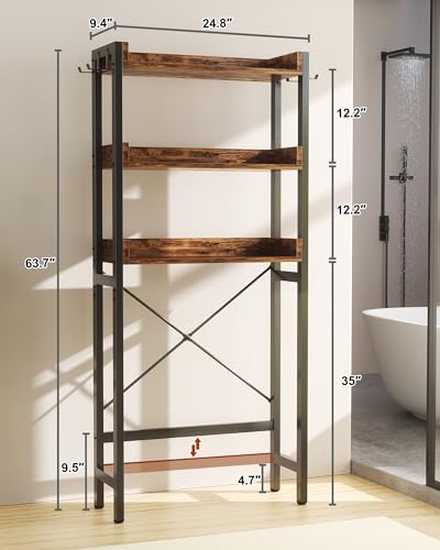 Ecoprsio Rustic Brown Over-The-Toilet Bathroom Storage Rack 3-Tier Organizer with Hooks