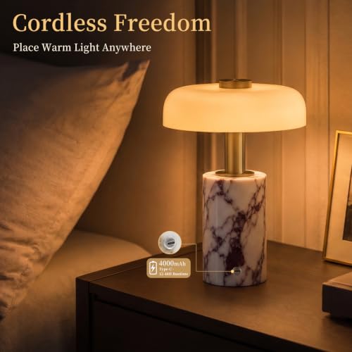 Calacatta Viola Marble Cordless Table Lamp with Glass Shade & Touch Dimming