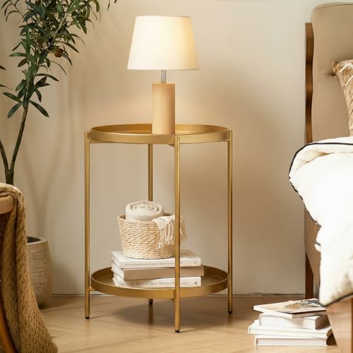 Gold 2-Tier Folding Metal Side Table with Removable Trays - Small Nightstand