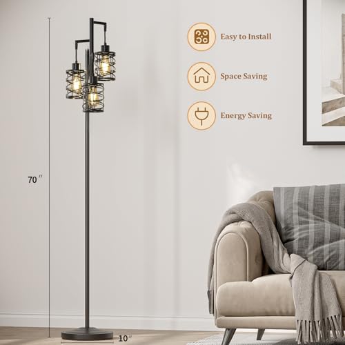 70-Inch Black Industrial Floor Lamp with 3 Dimmable Bulbs & Stepless Brightness