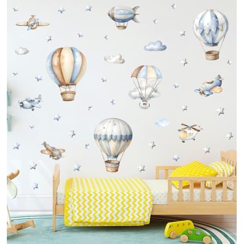 Watercolor Hot Air Balloon Wall Stickers, Hot Air Balloon Airplane Clouds Vinyl Wall Decals, Removable DIY Wall Art for Kids Bedroom Playroom Toddler Room Decor