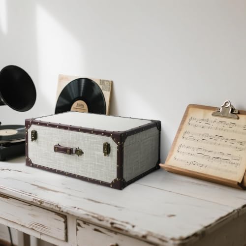 Large Decorative Wooden Storage Chest with Linen Fabric Cover - White Linen
