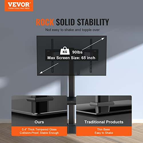 VEVOR Adjustable Swivel Floor TV Stand for 32-65 Inch TVs, Tempered Glass Base
