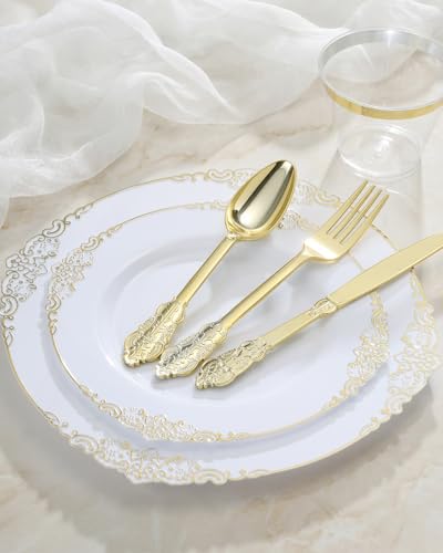 Gold Plastic Dinnerware Set for 50 Guests - Elegant Disposable Party Plates & Utensils