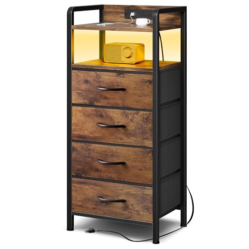 Lazzanto Rustic Brown Nightstand with 4 Drawers, Rear Charging Station & LED Light