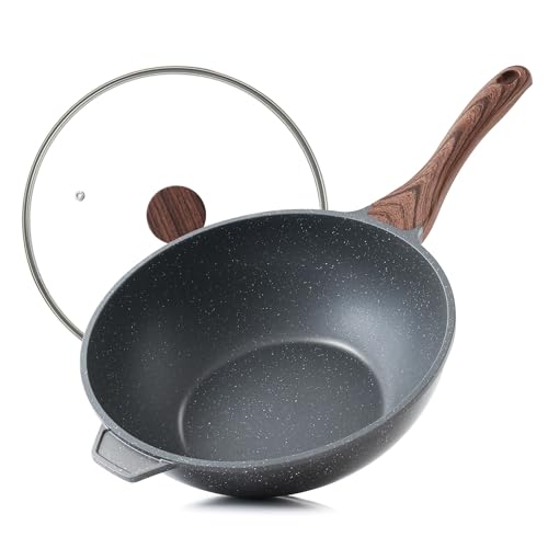 SENSARTE 11-Inch Nonstick Wok Pan with Lid - Gray, Healthy Stir-Fry Chef's Pan