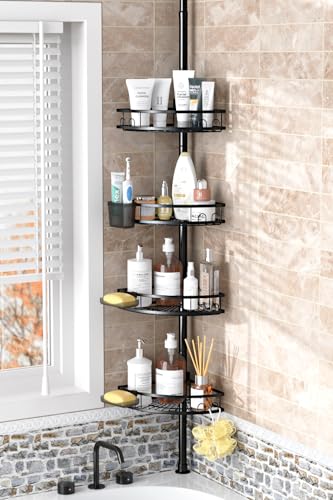 Foukus Matte Black Adjustable Tension Pole Shower Caddy - Rustproof Corner Bathroom Organizer