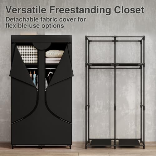 34 Inch Black Wardrobe Closet with Hanging Rods and Shelves - Large Capacity Storage