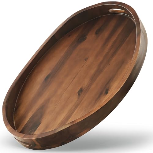 Tidita Walnut Acacia Oval Wooden Serving Tray with Handles 16.5x13 inches